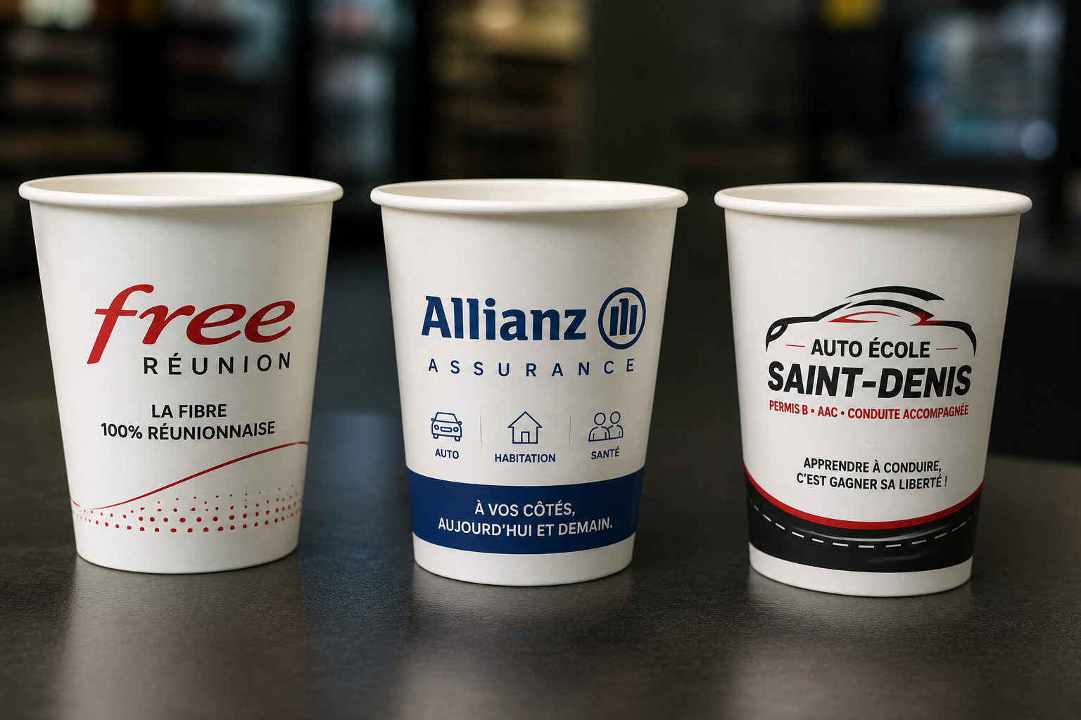 Gobelets Free Réunion, Allianz, Auto École Saint-Denis